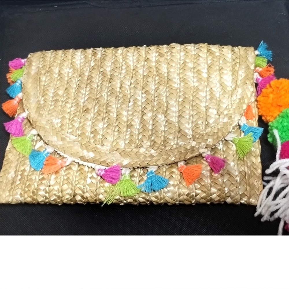 Shiraleah Chicago Woven Straw Tassel Pom Pom Clutch Bag Tan Multi Boho Summer